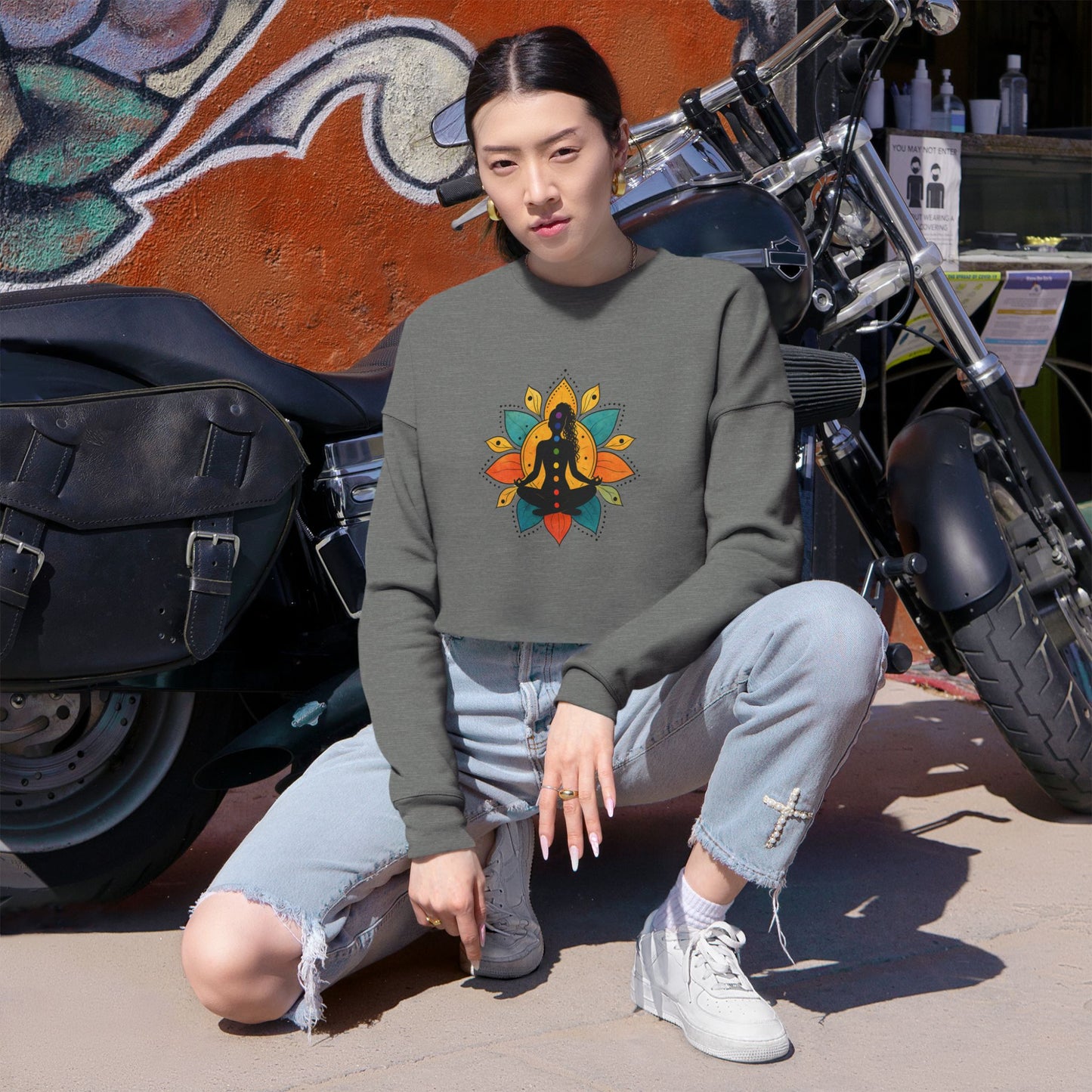 Meditating Figure Lotus Mandala Cropped Sweatshirt | Yoga Spiritual Apparel