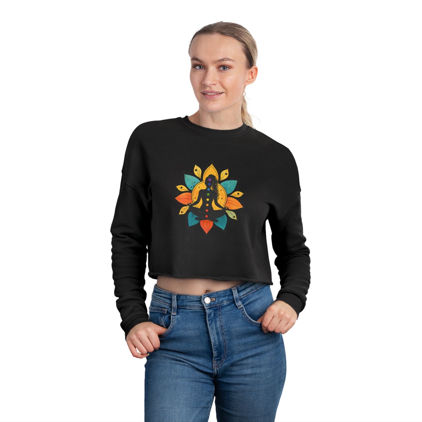 Meditating Figure Lotus Mandala Cropped Sweatshirt | Yoga Spiritual Apparel
