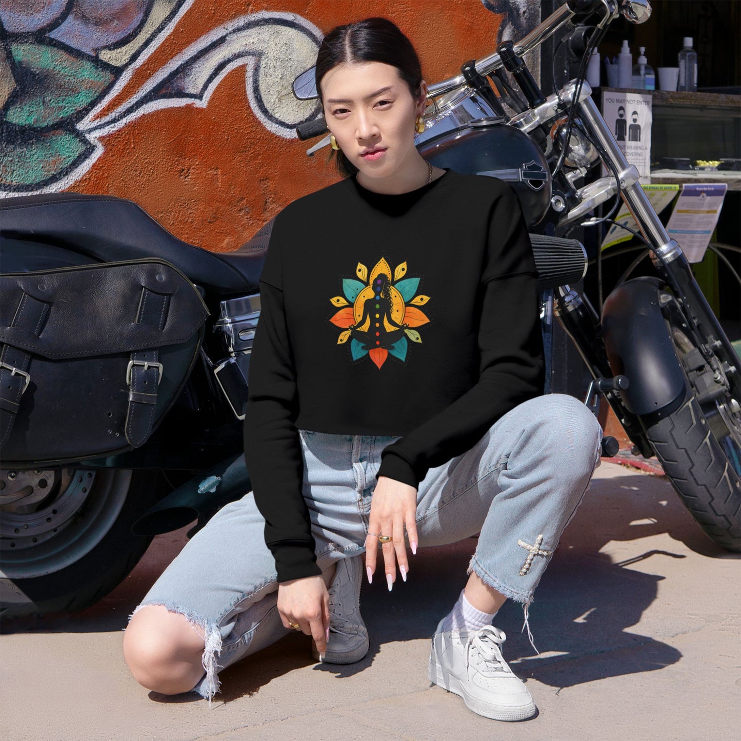 Meditating Figure Lotus Mandala Cropped Sweatshirt | Yoga Spiritual Apparel