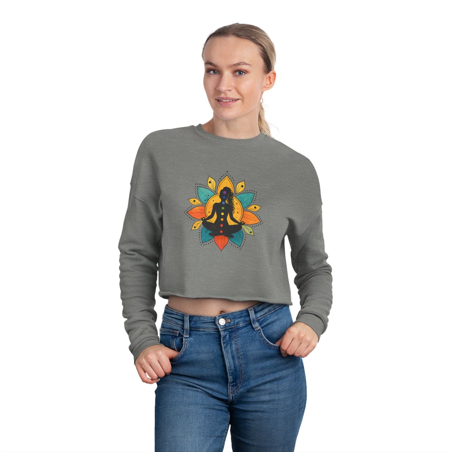 Meditating Figure Lotus Mandala Cropped Sweatshirt | Yoga Spiritual Apparel